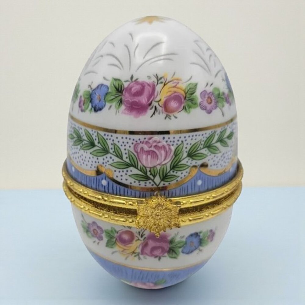 Vintage Egg Porcelain Hinged Trinket Box Floral PHB Hand Painted